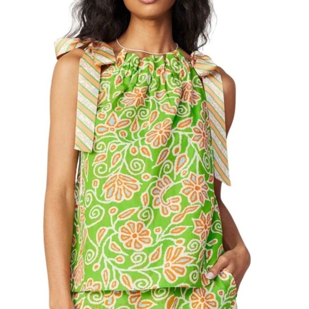 Current Air Green Orange Floral‎ Linen Blend Tie Strap Tank Top Medium